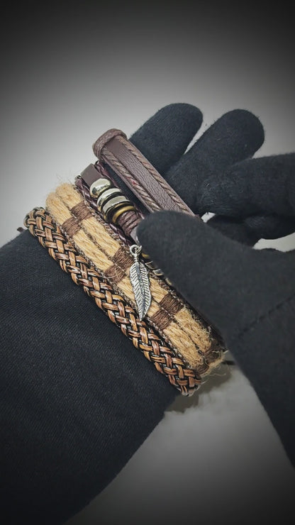 TRIBAL LEAF - 4 Pcs Genuine Leather Adjustable Bracelet Set for Men & Boys (8 inch)
