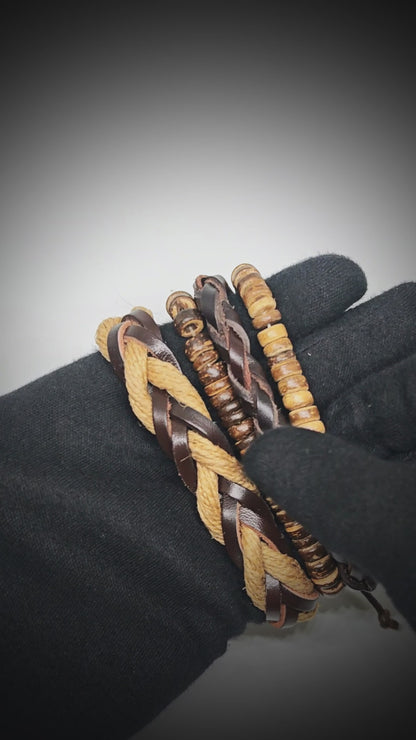 URBAN NOMAD - 4 Pcs Brown Genuine Leather Adjustable Bracelet Set for Men & Boys (8 inch)