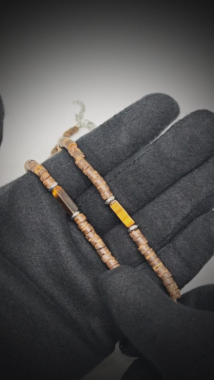 WILDWOOD TRIBAL - Tiger Eye chatoyance 6 mm Beaded Necklace for Men and Boys (21 inches with adjustable silver cable chain)