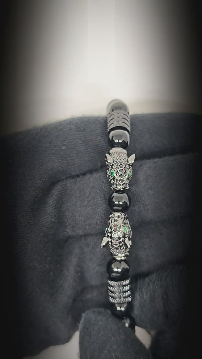 PANTHER DUO - 9mm Beads Bracelet with Natural Stone - Stretch / Adjustable Bracelet for Men & Boys