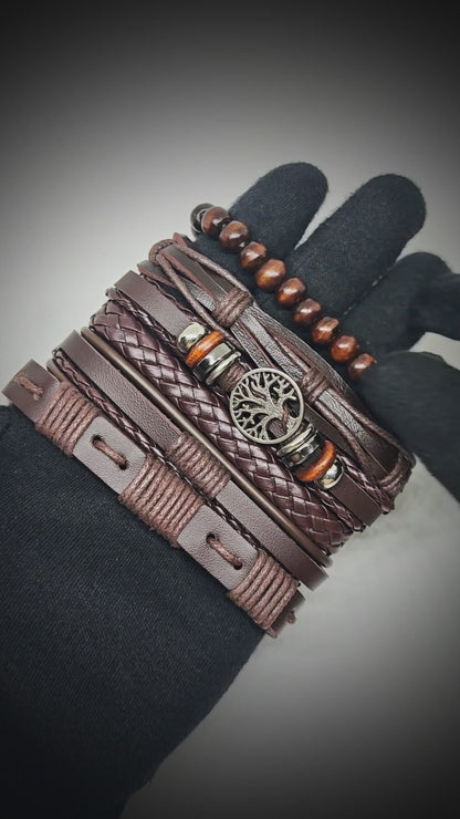 MIDNIGHT LIFETREE - Brown 6 Pcs Genuine Leather Adjustable Bracelet Set for Men & Boys (8 inch)