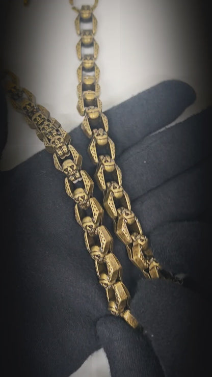 HELLBONE LINK - Antique Gold 14mm Skull Heavy Biker Chain for Jeans with Lobster Clasps for Men & Boys - 20 inch