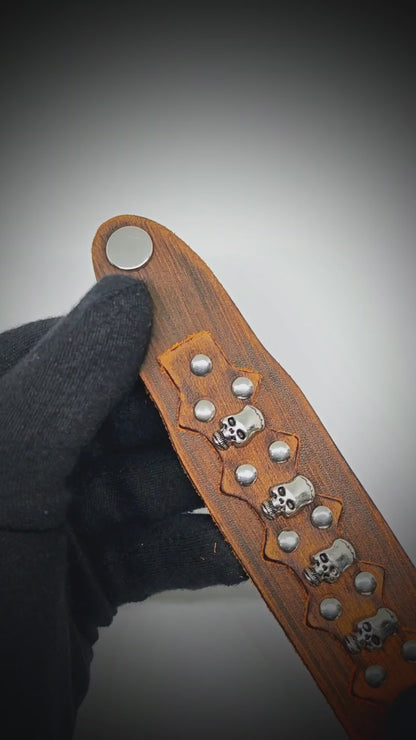 REBEL SKULL - 38mm Brown Genuine Leather Adjustable Bracelet for Men & Boys (7.5-8.2-8.8 inch)