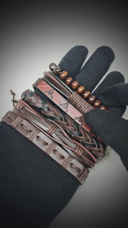 FRONTIER BULL - 6 Pcs Genuine Leather Adjustable Bracelet Set for Men & Boys (8 inch)