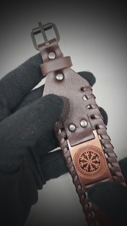 VEGVISIR WARRIOR BROWN - "40"mm Wide Genuine Leather Adjustable Cuff Bracelet with Stainless Steel Hook for Men & Boys