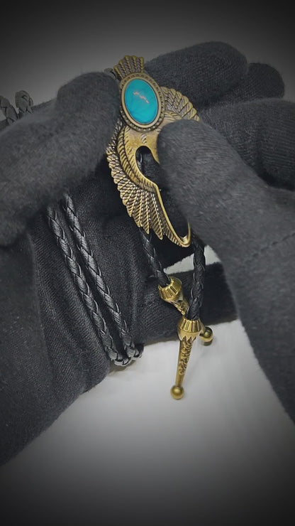 TURQUOISE FALCON BOLO – 2.4 inch Pure Stainless Steel Pendant with Adjustable Black Leather Rope for Men & Boys