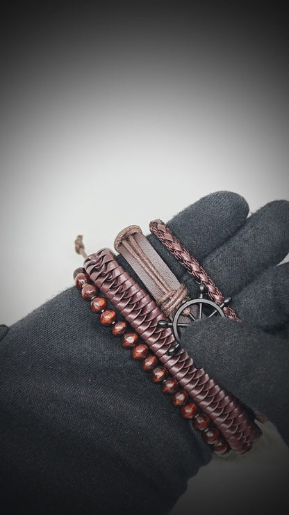 CAPTAIN DESTINY - 4 Pcs Genuine Leather Adjustable Bracelet Set for Men & Boys (8 inch)