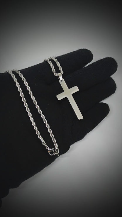 SILVER AURUM CROSS - 26mm Titanium Steel Pendant with 23inch Twisted Rope 4mm Chain for Men & Boys