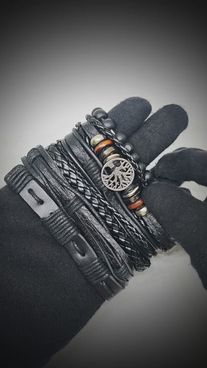 MIDNIGHT LIFETREE - 6 Pcs Genuine Leather Adjustable Bracelet Set for Men & Boys (8 inch)