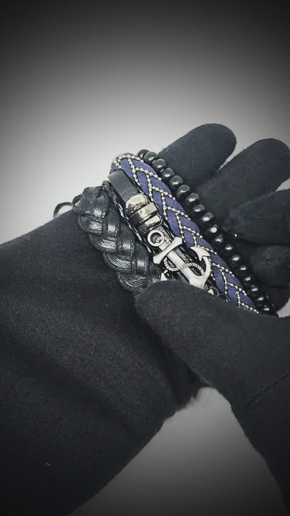ANCHOR ARMOUR - 4 Pcs Genuine Leather Adjustable Bracelet Set for Men & Boys (8 inch)