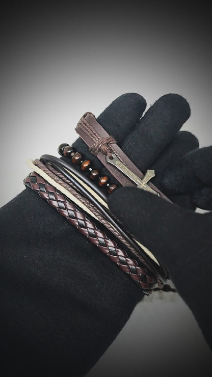 FAITHBOUND CROSS - 4 Pcs Genuine Leather Adjustable Bracelet Set for Men & Boys (8 inch)