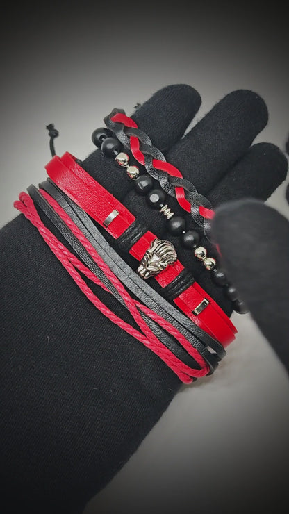 CRIMSON LION - 4 Pcs Genuine Leather Adjustable Bracelet Set for Men & Boys (8 inch)