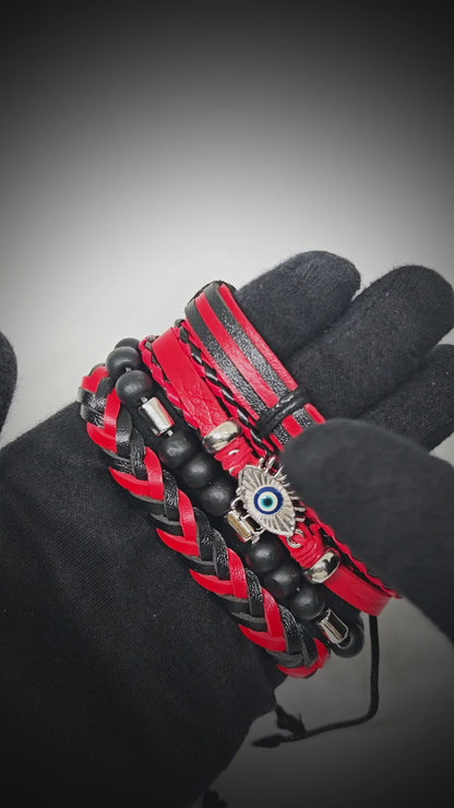 CRIMSON EVIL EYE - 4 Pcs Genuine Leather Adjustable Bracelet Set for Men & Boys (8 inch)