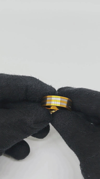 TRIPLE STRIPE  - Pure Stainless Steel Men’s Steel-Gold Plated Ring (Size : 17-22-27)
