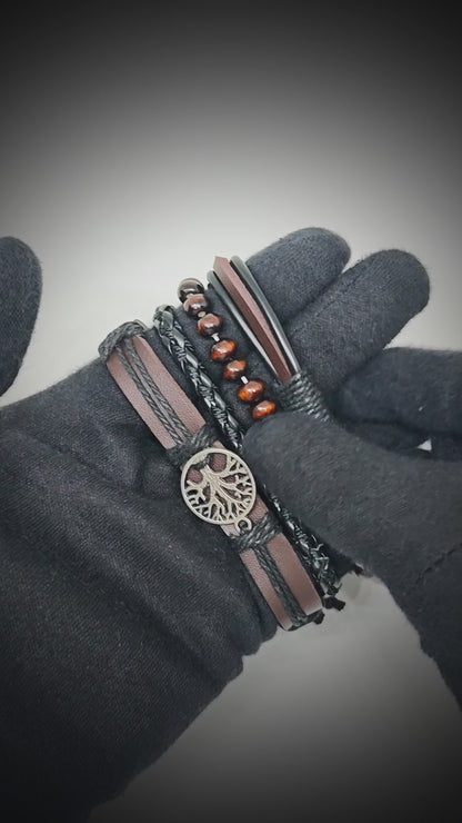 TWILIGHT LIFETREE - 4 Pcs Genuine Leather Adjustable Bracelet Set for Men & Boys (8 inch)