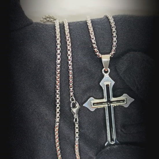 BLACK INLAY CROSS - 33mm Pure Titanium Steel Pendant with 23inch Round Box 4mm Chain for Men & Boys — SS Pendant/ Necklace for Men | THE MEN THING