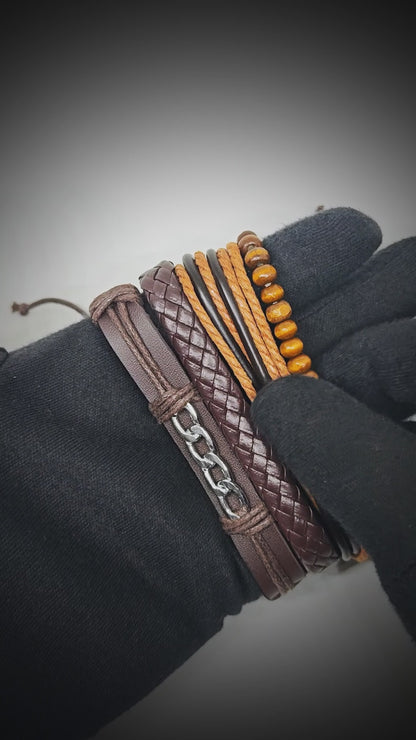 WILDWOOD CHAINSTACK - 4 Pcs Genuine Leather Adjustable Bracelet Set for Men & Boys (8 inch)