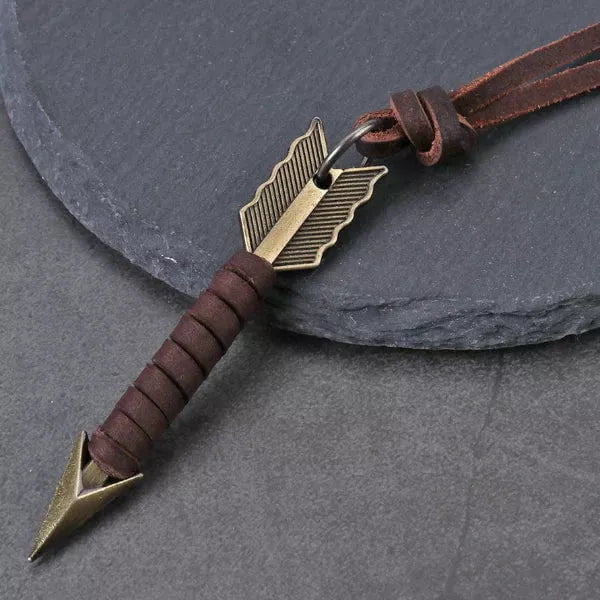 Leather Boalt Brown - Vintage Alloy Gold Wrapped Arrow Pendant With Adjustable Pure Leather Cord