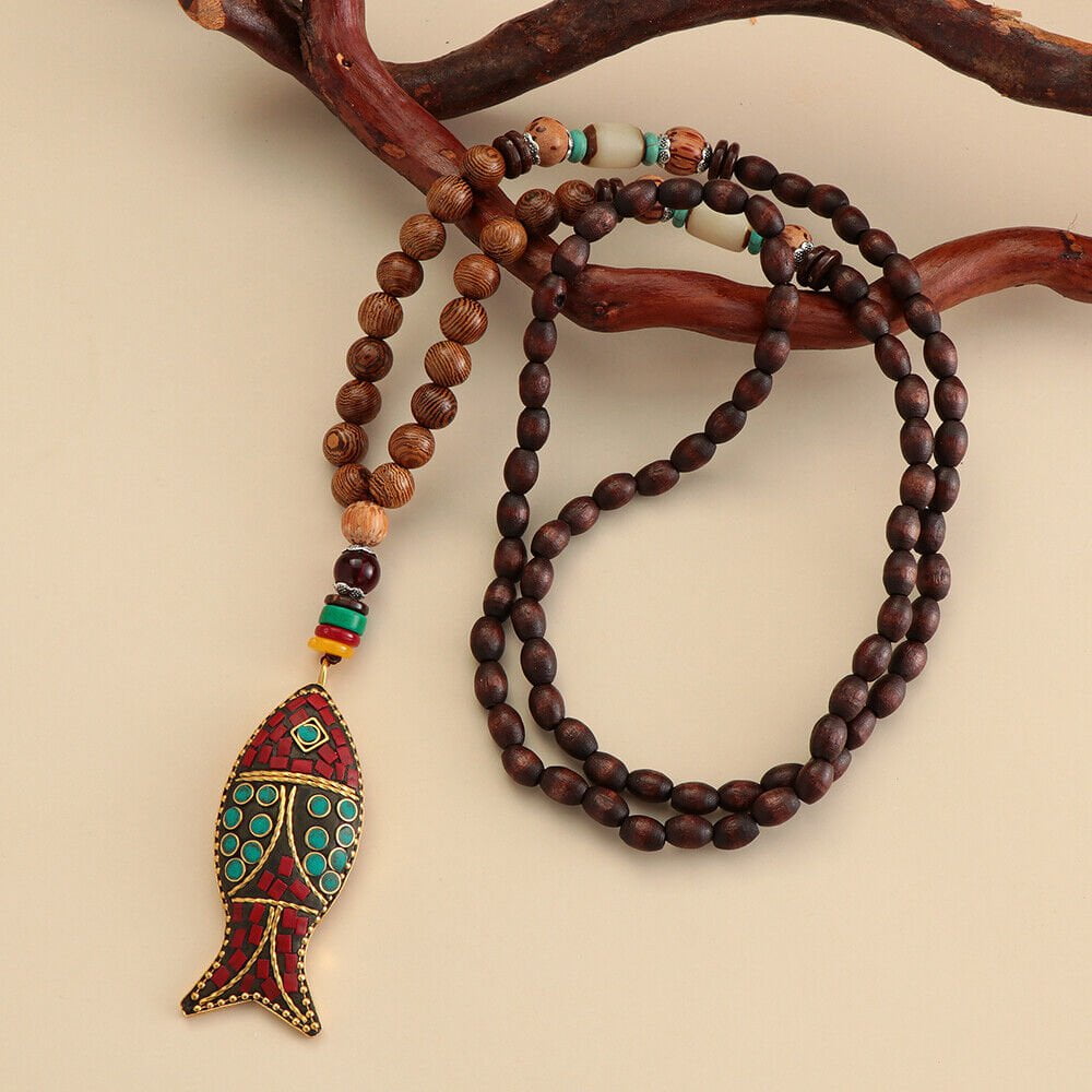 Bohemian Wood Fish - Handmade Wood Bead Necklace With Horn Fish Pendant Long For Men & Boys (36