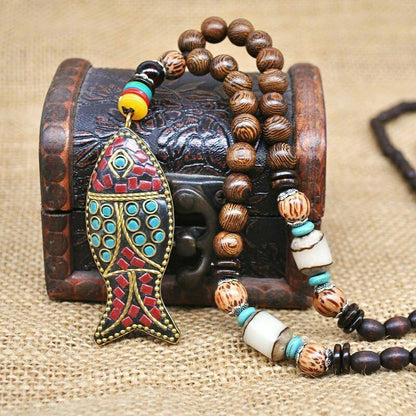 Bohemian Wood Fish - Handmade Wood Bead Necklace With Horn Fish Pendant Long For Men & Boys (36