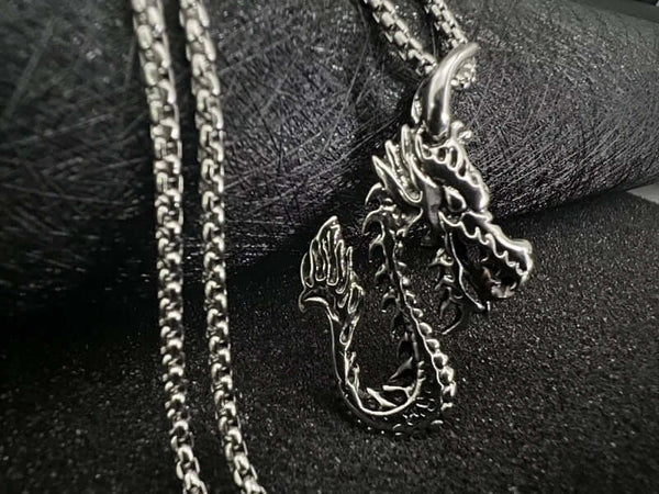 DRAGON FIRE -  Alloy Pendant with Pure Stainless Steel 24inch Chain for Men, American trending Style - Round Box Chain & Pendant for Men & Boy
