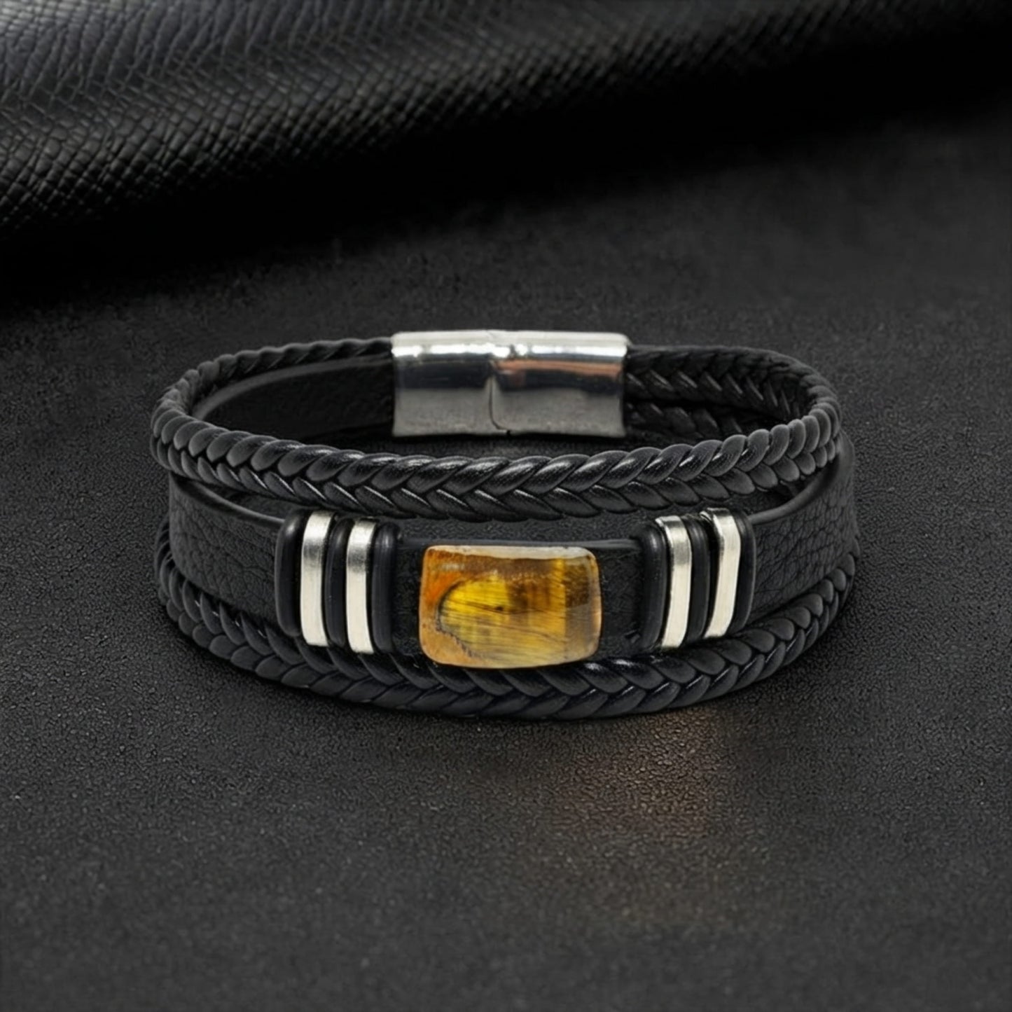 THE MEN THING AMBER CORE - 24mm Genuine Leather Multi-Layer Bracelet with Stainless Steel Magnetic Buckle for Men & Boys (8 inch)