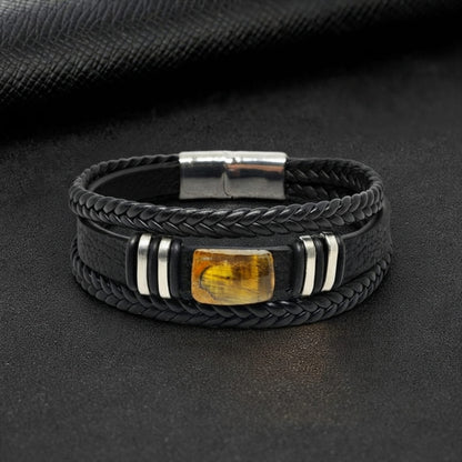 THE MEN THING AMBER CORE - 24mm Genuine Leather Multi-Layer Bracelet with Stainless Steel Magnetic Buckle for Men & Boys (8 inch)