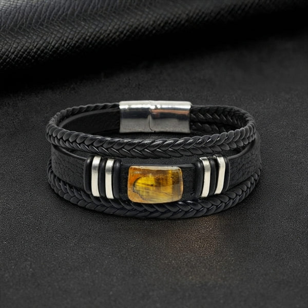 AMBER CORE - 24mm Genuine Leather Multi-Layer Bracelet with Stainless Steel Magnetic Buckle for Men & Boys (8 inch)
