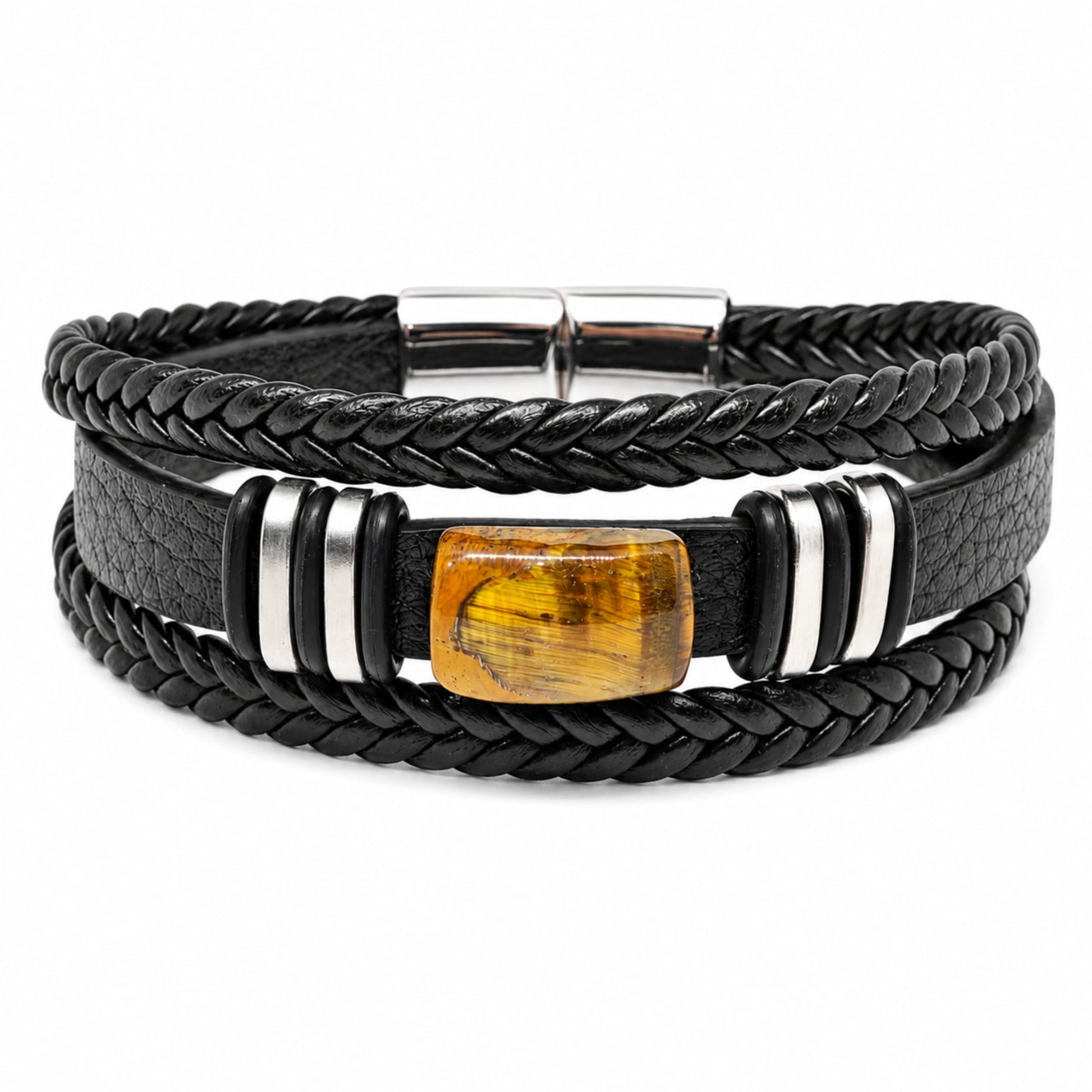 THE MEN THING AMBER CORE - 24mm Genuine Leather Multi-Layer Bracelet with Stainless Steel Magnetic Buckle for Men & Boys (8 inch)