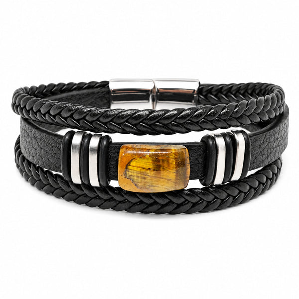 AMBER CORE - 24mm Genuine Leather Multi-Layer Bracelet with Stainless Steel Magnetic Buckle for Men & Boys (8 inch)