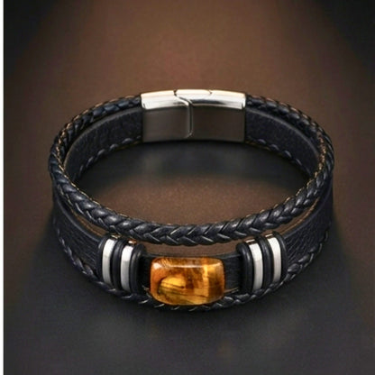 THE MEN THING AMBER CORE - 24mm Genuine Leather Multi-Layer Bracelet with Stainless Steel Magnetic Buckle for Men & Boys (8 inch)