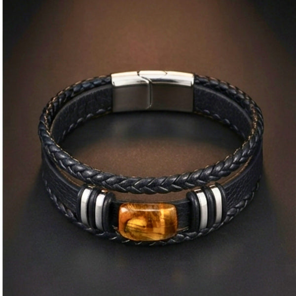 AMBER CORE - 24mm Genuine Leather Multi-Layer Bracelet with Stainless Steel Magnetic Buckle for Men & Boys (8 inch)