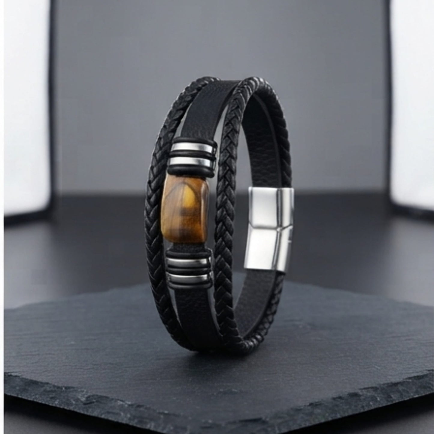 THE MEN THING AMBER CORE - 24mm Genuine Leather Multi-Layer Bracelet with Stainless Steel Magnetic Buckle for Men & Boys (8 inch)