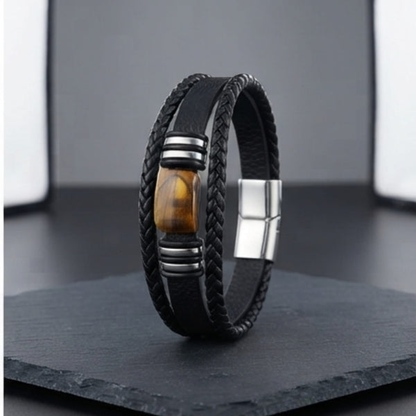 AMBER CORE - 24mm Genuine Leather Multi-Layer Bracelet with Stainless Steel Magnetic Buckle for Men & Boys (8 inch)