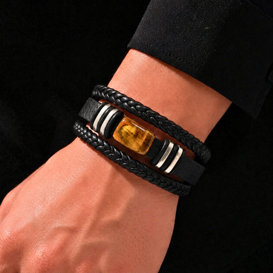 THE MEN THING AMBER CORE - 24mm Genuine Leather Multi-Layer Bracelet with Stainless Steel Magnetic Buckle for Men & Boys (8 inch)