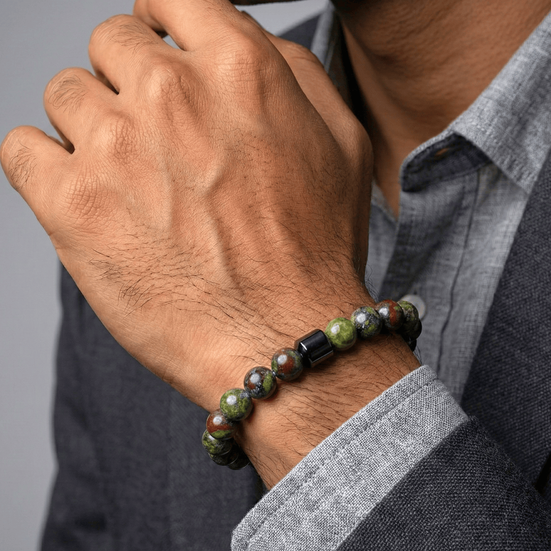 THE MEN THING Bead Bracelet AZURITE BROWN -  Beads Bracelet with Natural Stone - 7 inch Stretch Bracelet