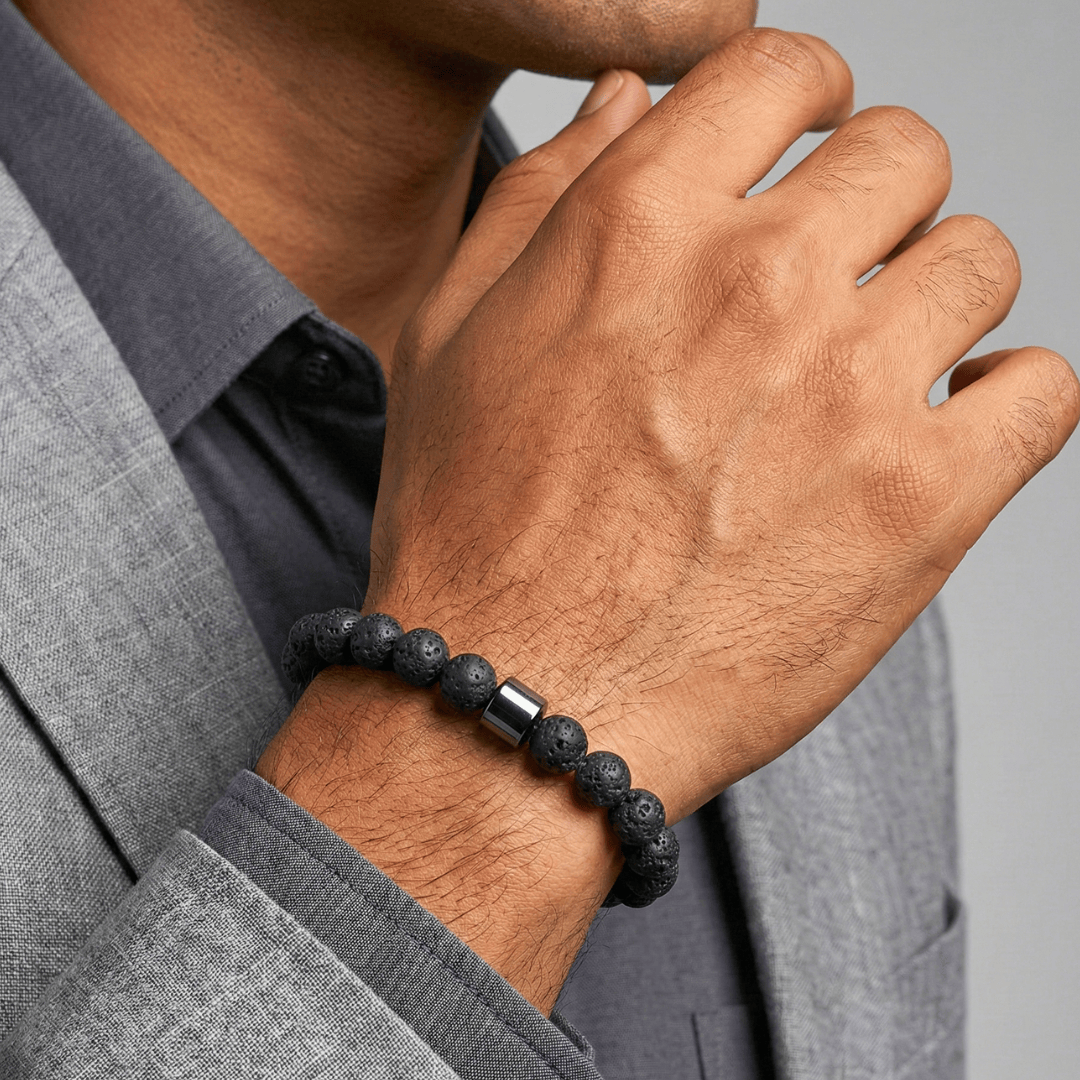 THE MEN THING Bead Bracelet AZURITE DARKNIGHT - Lava Stone Beads Bracelet with Natural Stone - 7 inch Stretch Bracelet