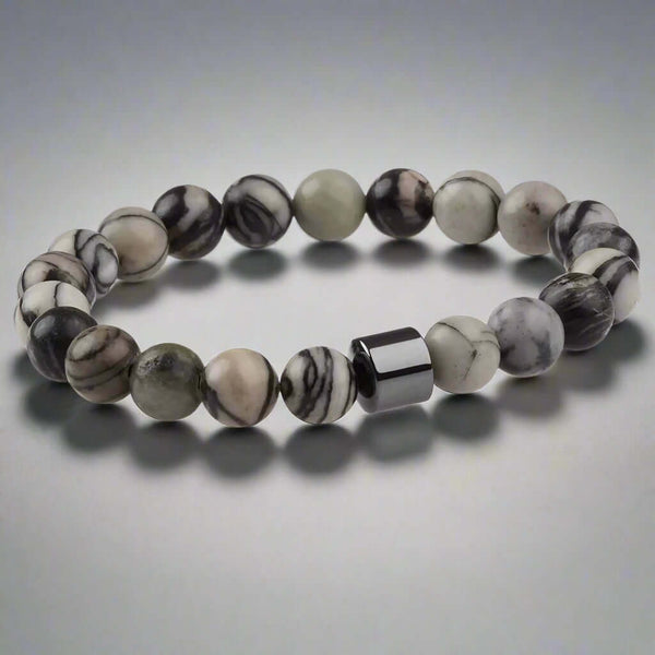 AZURITE GREY JASPER -  Beads Bracelet with Natural Stone - 7 inch Stretch Bracelet