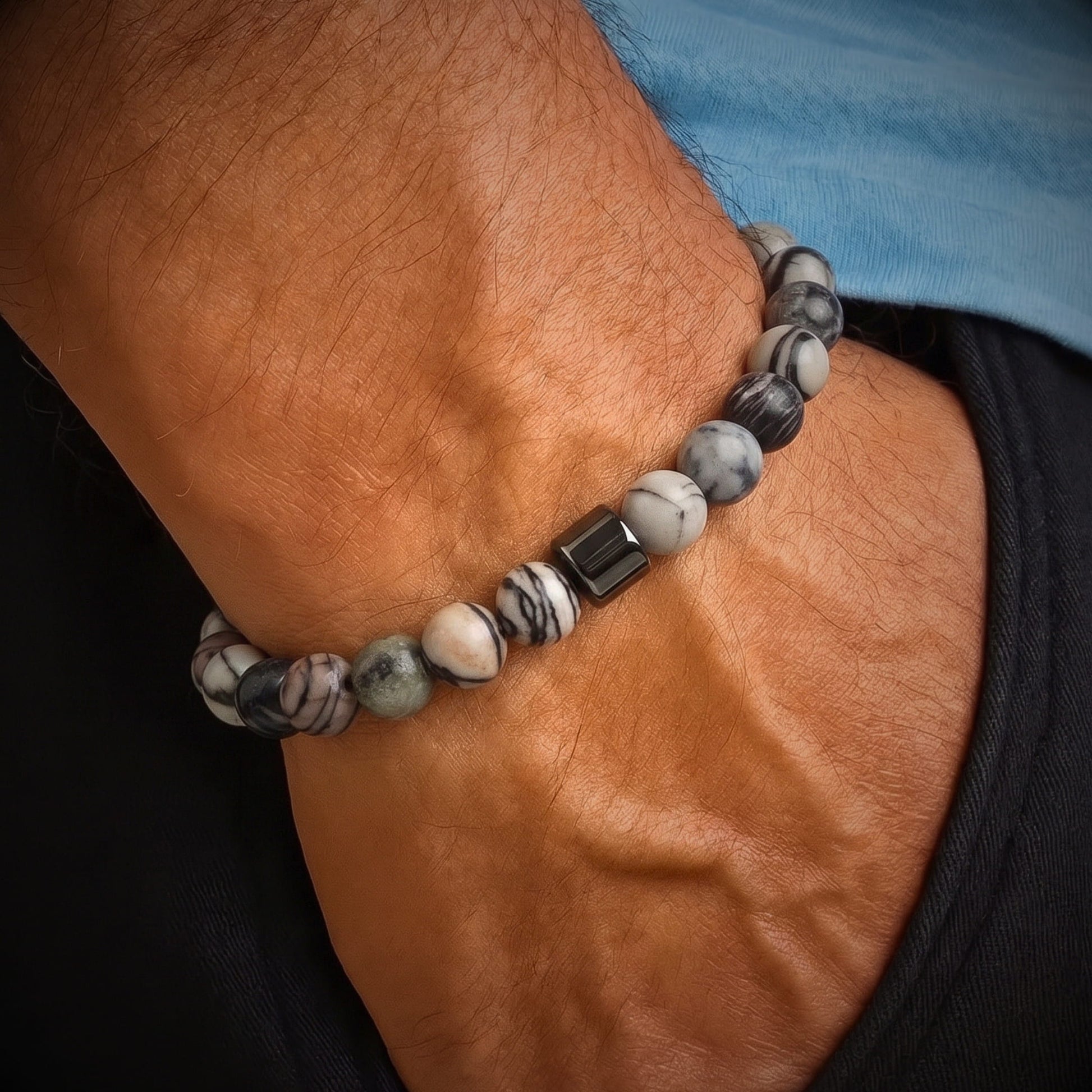 THE MEN THING Bead Bracelet AZURITE GREY JASPER -  Beads Bracelet with Natural Stone - 7 inch Stretch Bracelet