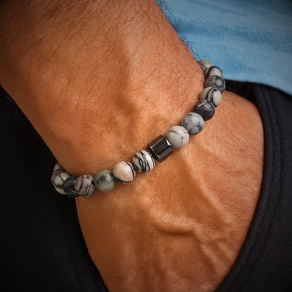 THE MEN THING Bead Bracelet AZURITE GREY JASPER -  Beads Bracelet with Natural Stone - 7 inch Stretch Bracelet
