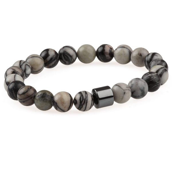 AZURITE GREY JASPER -  Beads Bracelet with Natural Stone - 7 inch Stretch Bracelet
