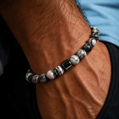 THE MEN THING Bead Bracelet AZURITE GREY JASPER -  Beads Bracelet with Natural Stone - 7 inch Stretch Bracelet