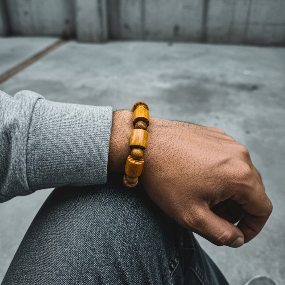 THE MEN THING Bead Bracelet BAREOAK - 13mm Wooden Beads Bracelet with Natural Stone - Adjustable Bracelet