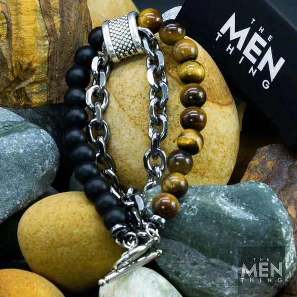 बीडफ्यूजन ब्राउन - पुरुषों के लिए प्राकृतिक मोती कंगन - पैसे चुंबक बनें - ब्लैक टाइगर आई स्टोन रंगीन 7 चक्र ऊर्जा खिंचाव कंगन (8 इंच)