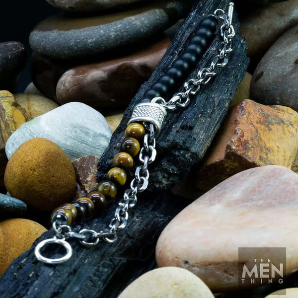 बीडफ्यूजन ब्राउन - पुरुषों के लिए प्राकृतिक मोती कंगन - पैसे चुंबक बनें - ब्लैक टाइगर आई स्टोन रंगीन 7 चक्र ऊर्जा खिंचाव कंगन (8 इंच)