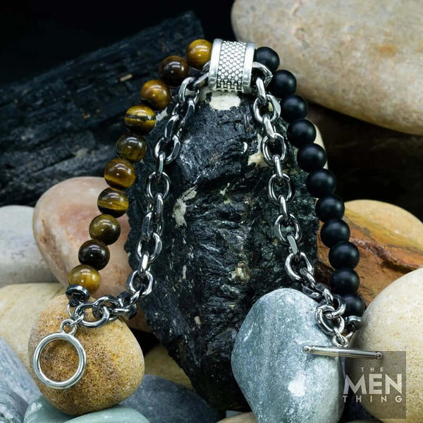 बीडफ्यूजन ब्राउन - पुरुषों के लिए प्राकृतिक मोती कंगन - पैसे चुंबक बनें - ब्लैक टाइगर आई स्टोन रंगीन 7 चक्र ऊर्जा खिंचाव कंगन (8 इंच)