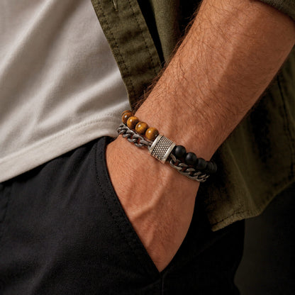THE MEN THING Bead Bracelet BEADFUSION BROWN -  Natural Beads Bracelet for Men - Become Money Magnet - Black Tiger Eye Stone Colorful 7 Chakra Energy Stretch Bracelet (8inch)