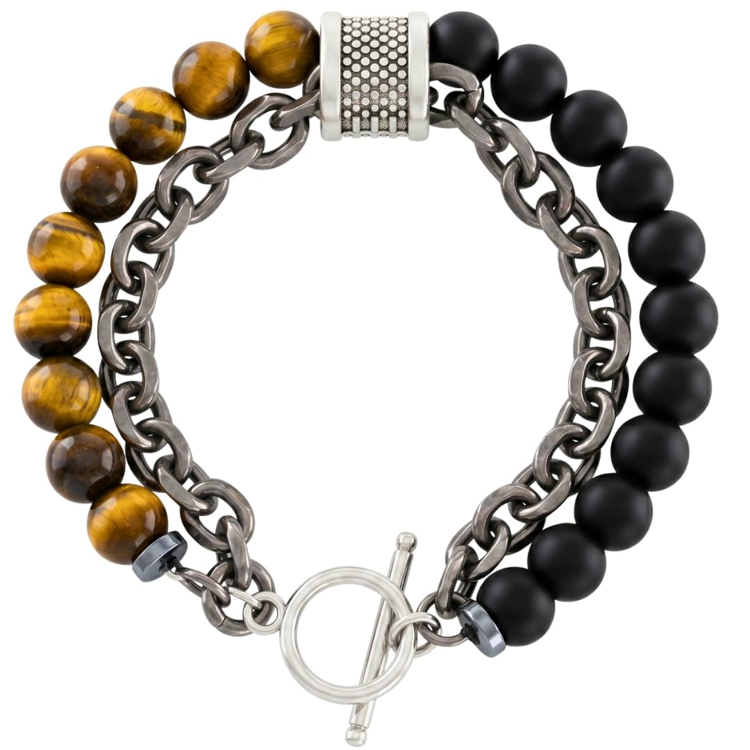 THE MEN THING Bead Bracelet BEADFUSION BROWN -  Natural Beads Bracelet for Men - Become Money Magnet - Black Tiger Eye Stone Colorful 7 Chakra Energy Stretch Bracelet (8inch)
