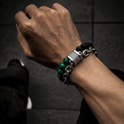 THE MEN THING Bead Bracelet BEADFUSION GREEN-  Natural Beads Bracele - Become Money Magnet - Malachite Natural Stone Colorful 7 Chakra Energy Stretch Bracelet (8inch)
