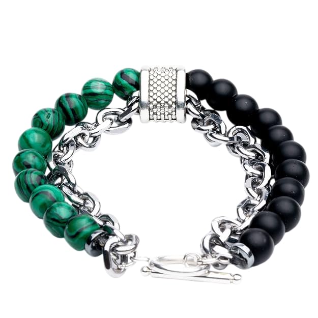 THE MEN THING Bead Bracelet BEADFUSION GREEN-  Natural Beads Bracele - Become Money Magnet - Malachite Natural Stone Colorful 7 Chakra Energy Stretch Bracelet (8inch)